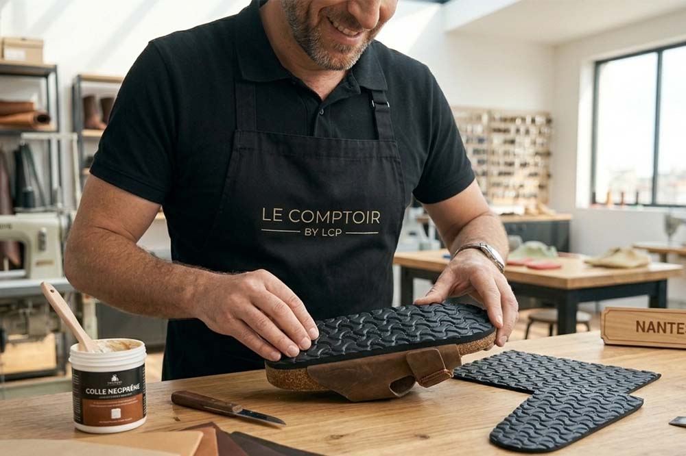 Artisan cordonnier effectuant le ressemelage d'une sandale en liège de type Birkenstock avec une semelle en caoutchouc EVA et de la colle néoprène.