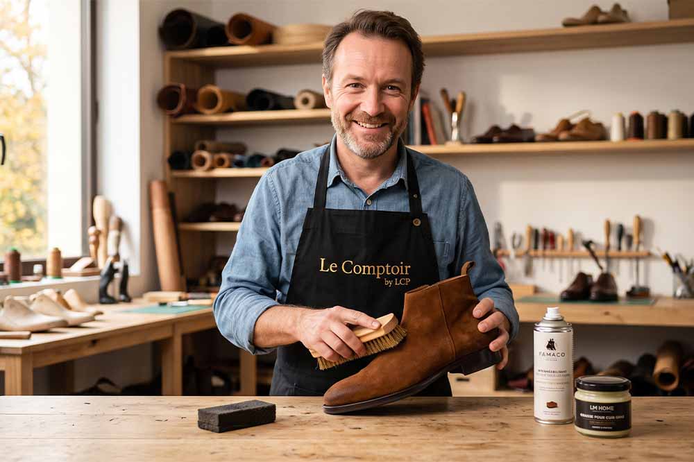 Artisan cordonnier du Comptoir by LCP nettoyant et protégeant une bottine en daim avec une brosse et des produits Famaco en atelier.