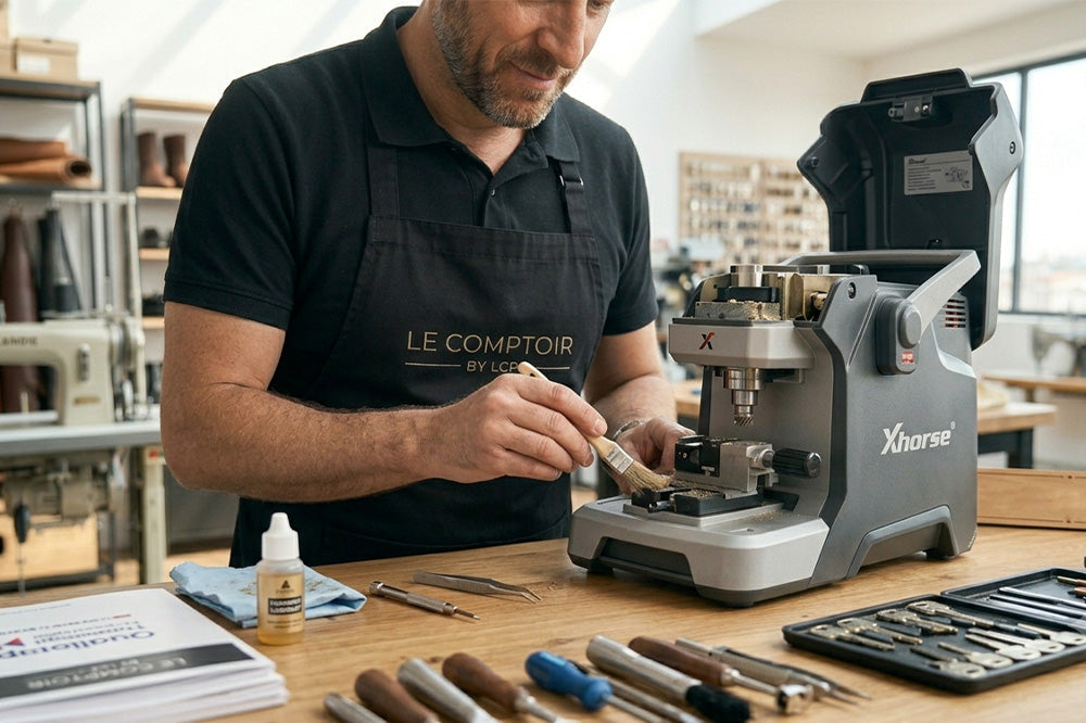 Cordonnier du Comptoir by LCP effectuant la maintenance et le nettoyage au pinceau d'une machine de taillage de clés électronique Xhorse ouverte, pendant la période creuse d'août.