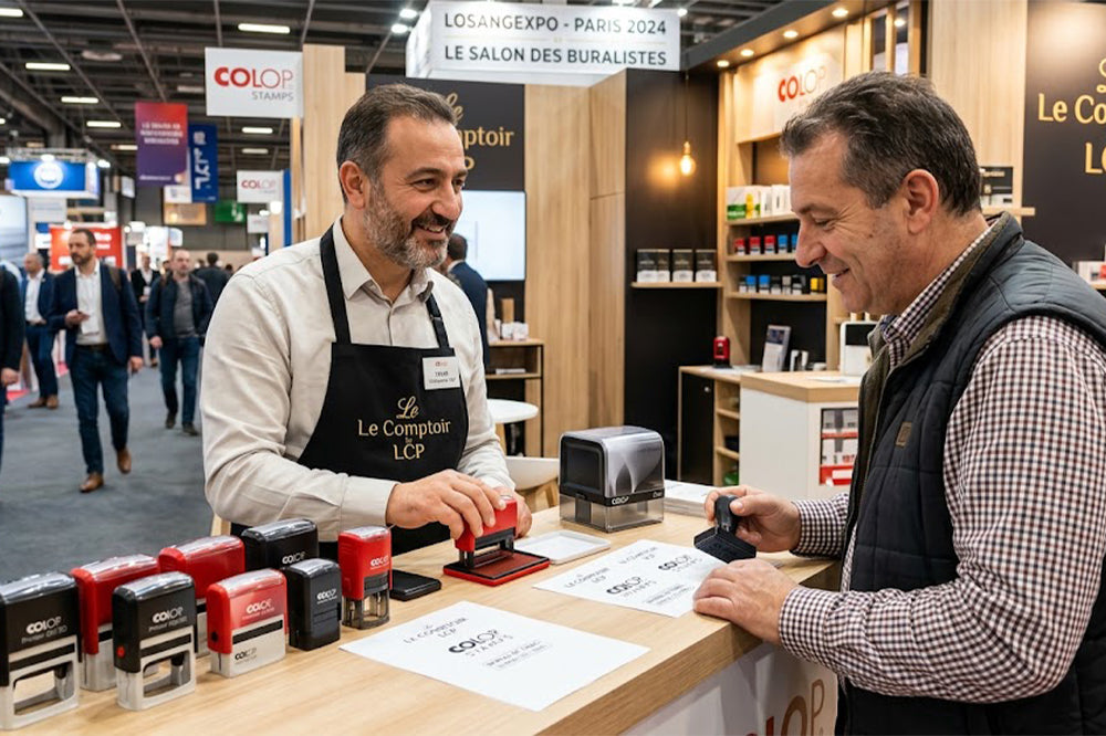 Le Comptoir by LCP présentant les tampons COLOP aux buralistes lors du salon Losangexpo à Paris.