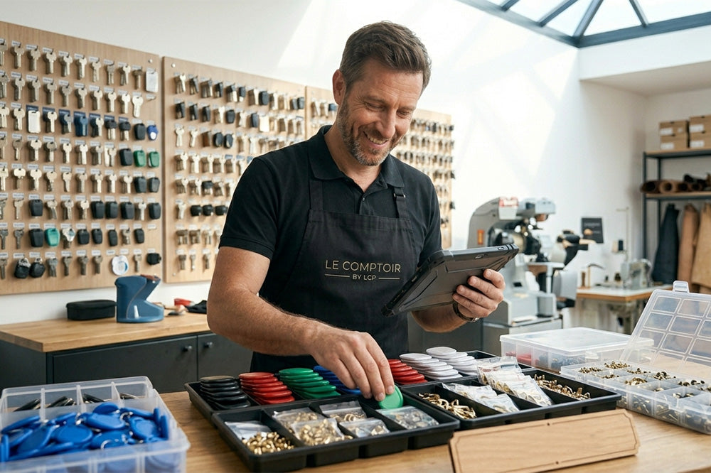 Artisan du Comptoir by LCP effectuant l'inventaire de badges Vigik et clés résidentielles à l'aide d'une tablette pour préparer le réassort de rentrée en cordonnerie multiservices.