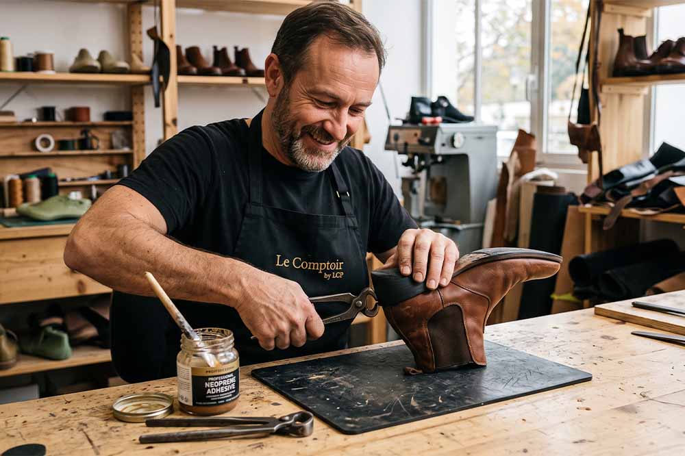 Artisan cordonnier du Comptoir by LCP ajustant un bonbout sur le talon d'une bottine en cuir à l'établi en région parisienne.