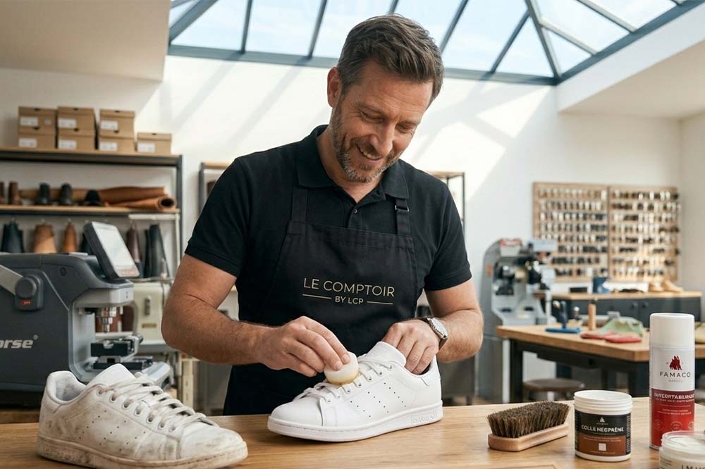 Cordonnier du Comptoir by LCP appliquant un rénovateur de couleur blanche sur une basket à l'établi avec des produits Famaco et LM Home à Nantes.